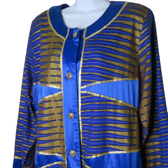 Vintage 70s Mod Coat Jacket L Blue Gold Mid Length Buttons Shoulder Pads Boho - Picture 4 of 15